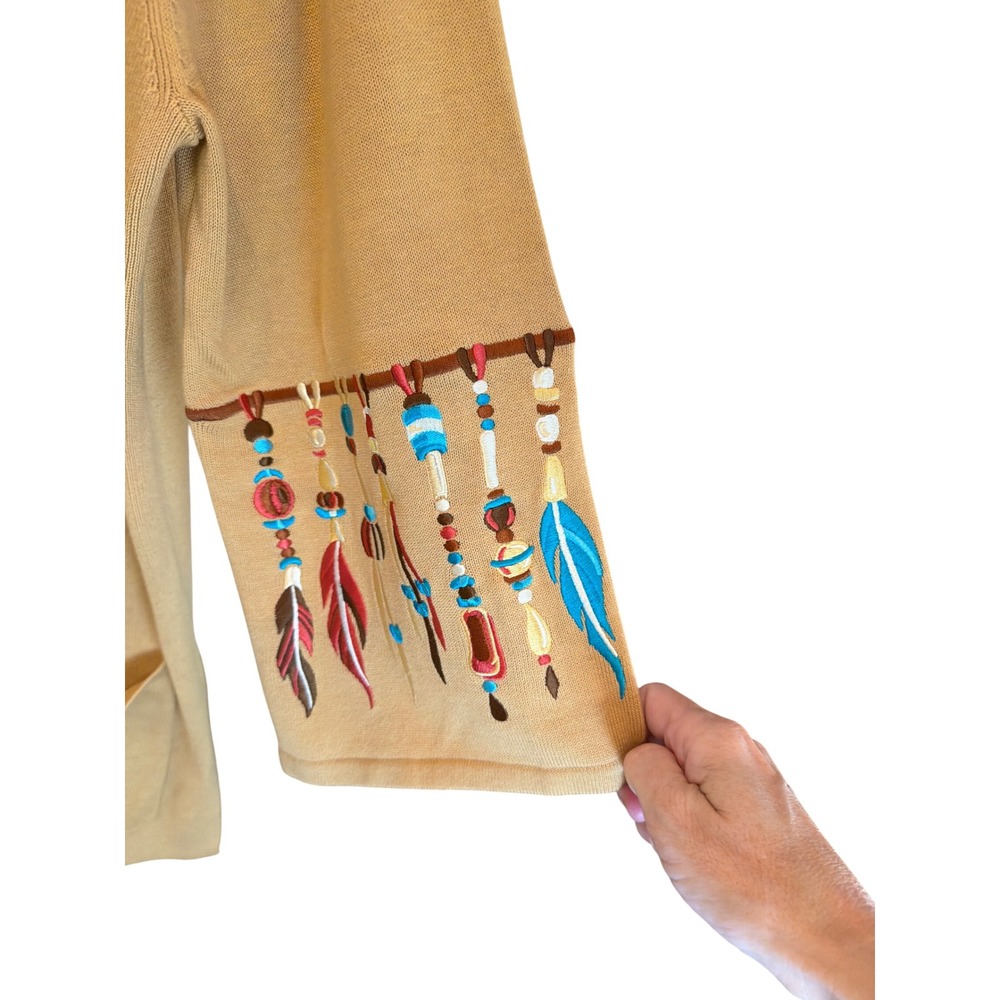 Bob Mackie Wearable Art Embroidered Dreamcatcher Cardigan Sweater Tan Womens M - Picture 5 of 6